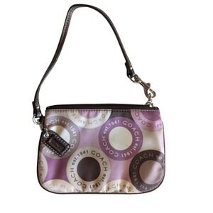 Coach Purple Brown Op Art Circle Logo‎ Sateen Leather Trim Wristlet Pouch Bag